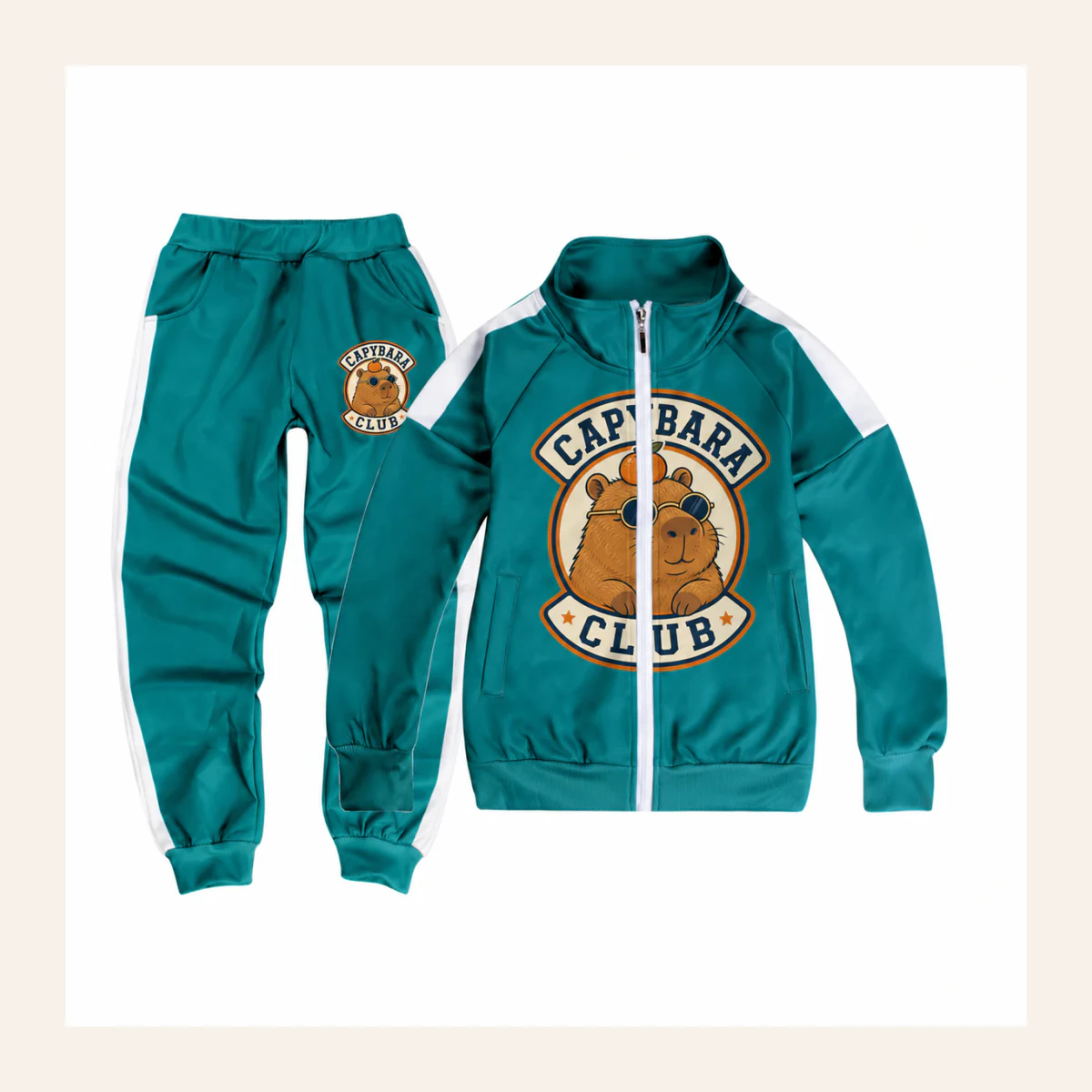 Capybara Club Custom Kids Color-Block Jacket and Pants Set AI-rendered from the exact blank product, shown in an alternate clean ecommerce presentation
