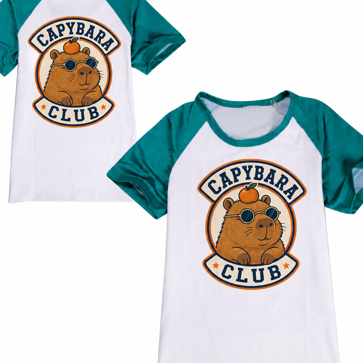 Capybara Club Custom Kids Color-Block T-Shirt AI-rendered from the exact blank product, showing integrated print and fabric detail