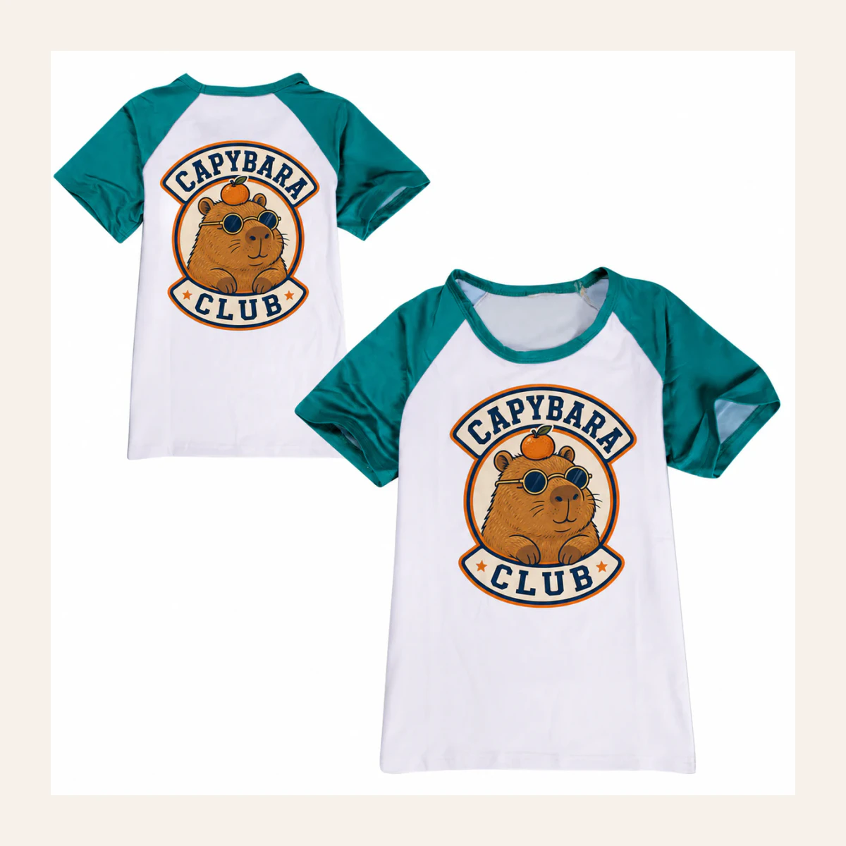 Capybara Club Custom Kids Color-Block T-Shirt AI-rendered from the exact blank product, shown in an alternate clean ecommerce presentation
