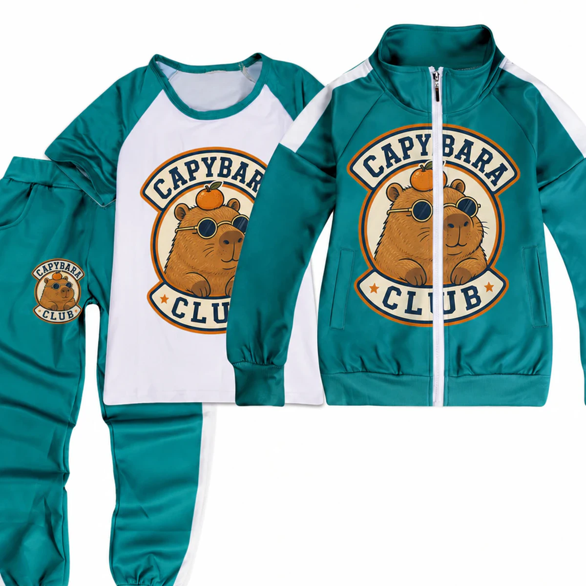 Capybara Club Custom Kids Color-Block Three-Piece Tracksuit Set AI-rendered from the exact blank product, showing integrated print and fabric detail