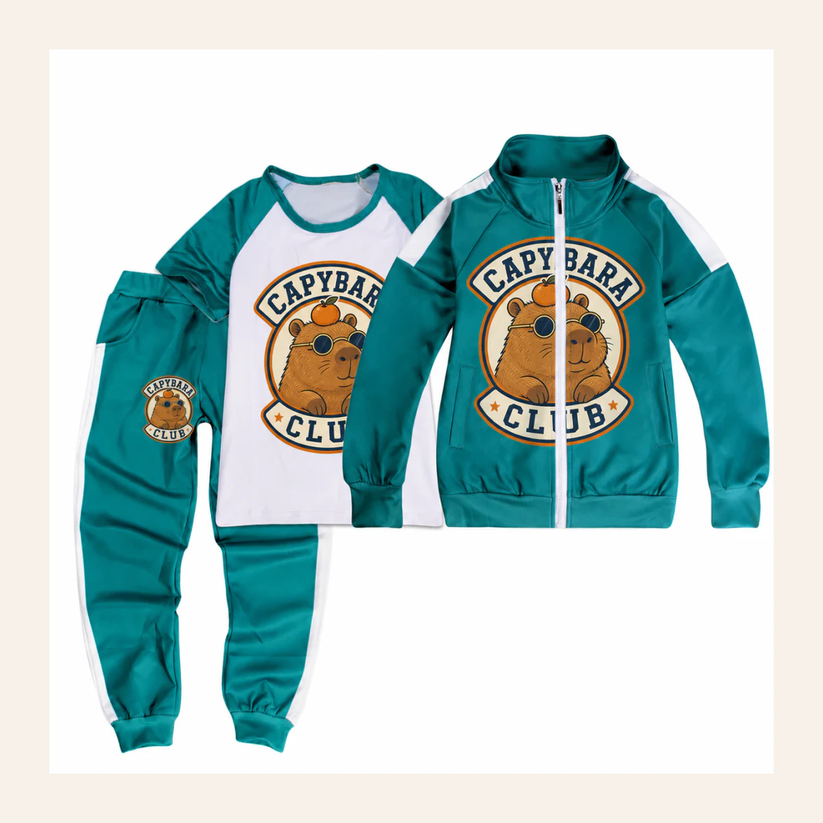 Capybara Club Custom Kids Color-Block Three-Piece Tracksuit Set AI-rendered from the exact blank product, shown in an alternate clean ecommerce presentation