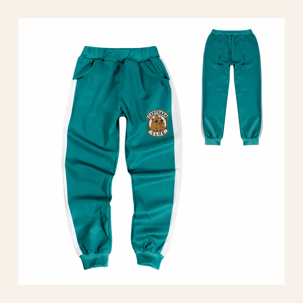 Capybara Club Custom Kids Color-Block Tracksuit Pants AI-rendered from the exact blank product, shown in an alternate clean ecommerce presentation
