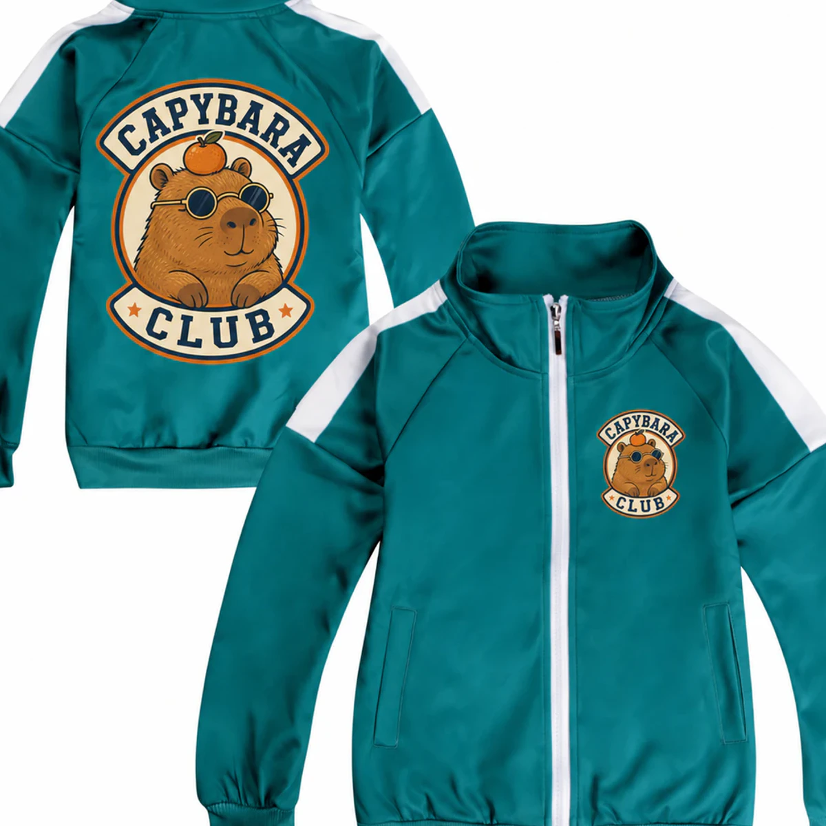 Capybara Club Custom Kids Color-Block Zip Jacket AI-rendered from the exact blank product, showing integrated print and fabric detail