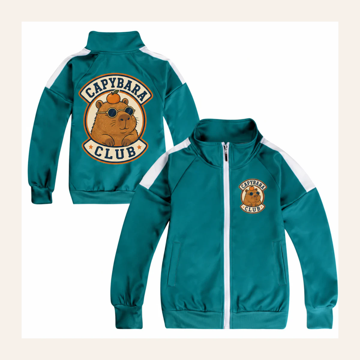 Capybara Club Custom Kids Color-Block Zip Jacket AI-rendered from the exact blank product, shown in an alternate clean ecommerce presentation