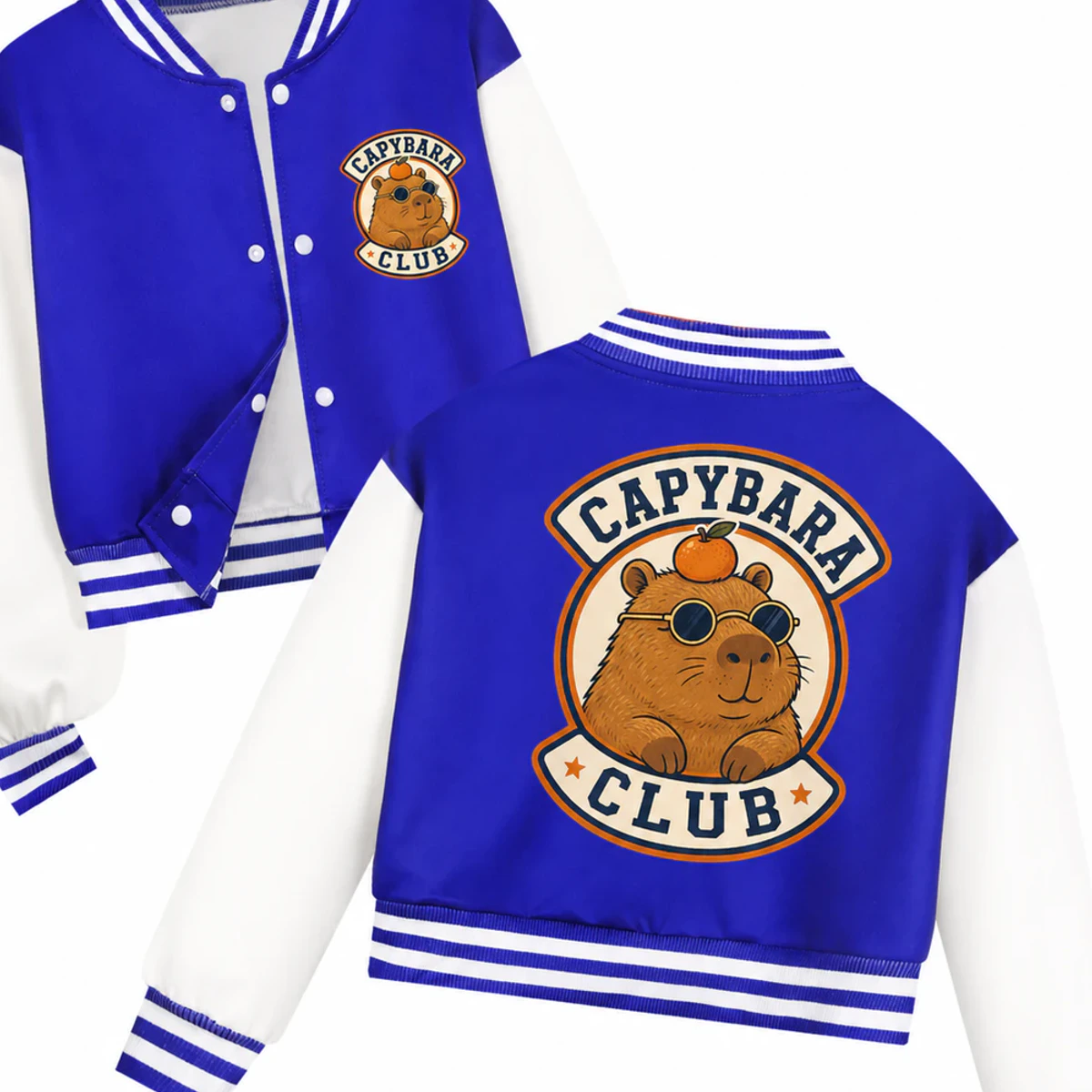 Capybara Club Custom Kids Cropped Baseball Jacket AI-rendered from the exact blank product, showing integrated print and fabric detail