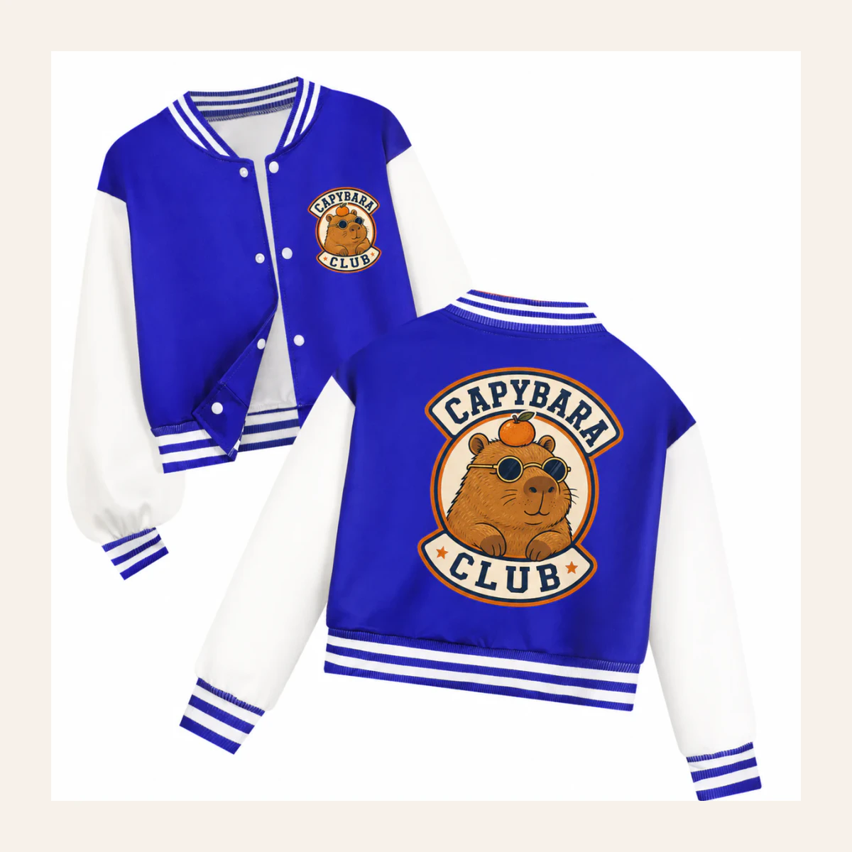 Capybara Club Custom Kids Cropped Baseball Jacket AI-rendered from the exact blank product, shown in an alternate clean ecommerce presentation