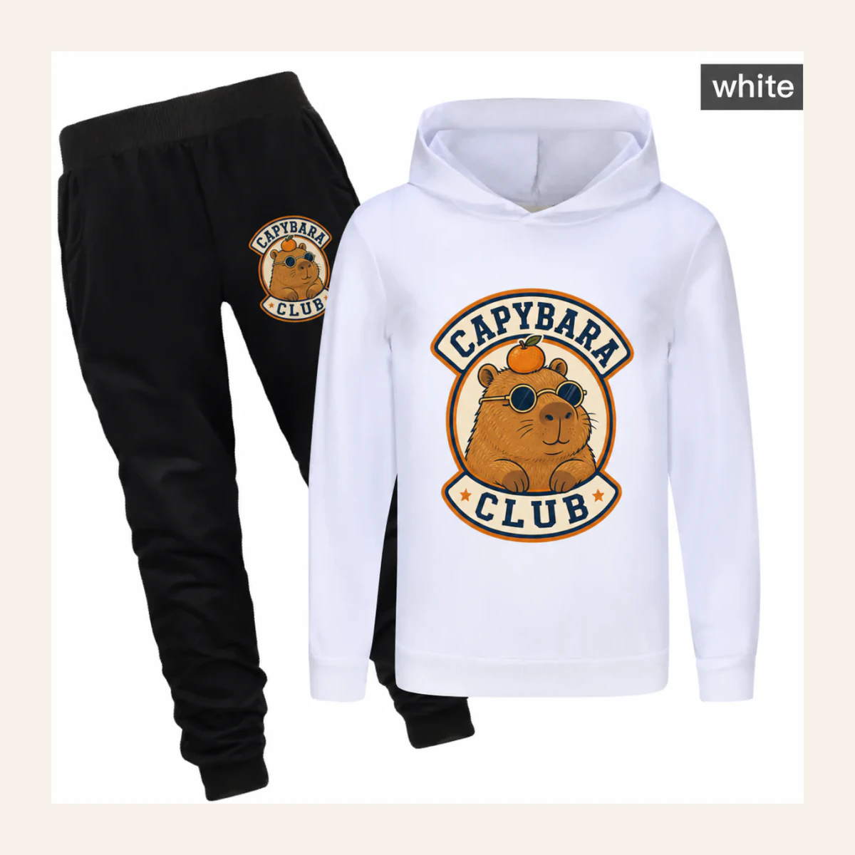Capybara Club Custom Kids Hoodie and Jogger Set AI-rendered from the exact blank product, shown in an alternate clean ecommerce presentation