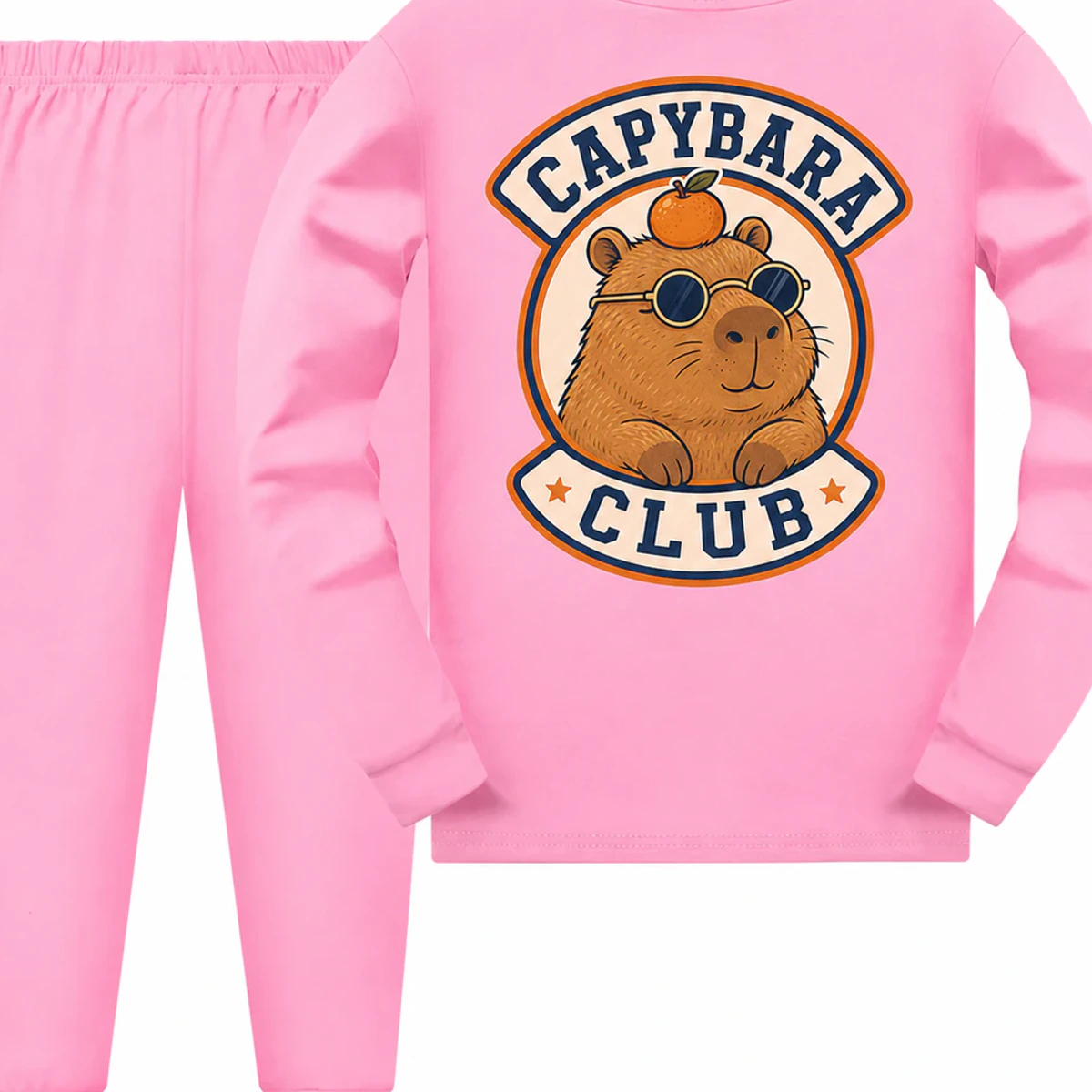 Capybara Club Custom Kids Long Pajama Set AI-rendered from the exact blank product, showing integrated print and fabric detail