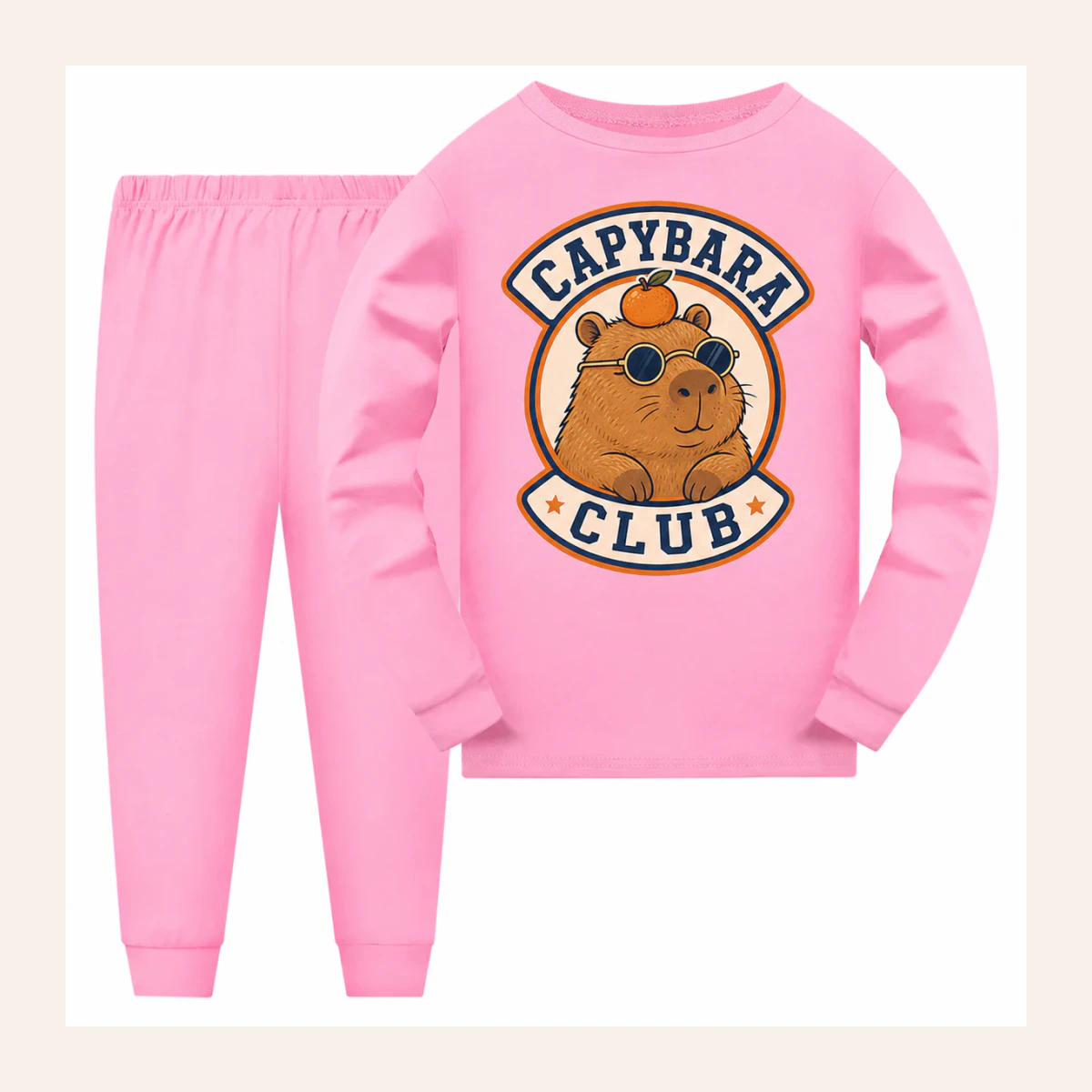 Capybara Club Custom Kids Long Pajama Set AI-rendered from the exact blank product, shown in an alternate clean ecommerce presentation