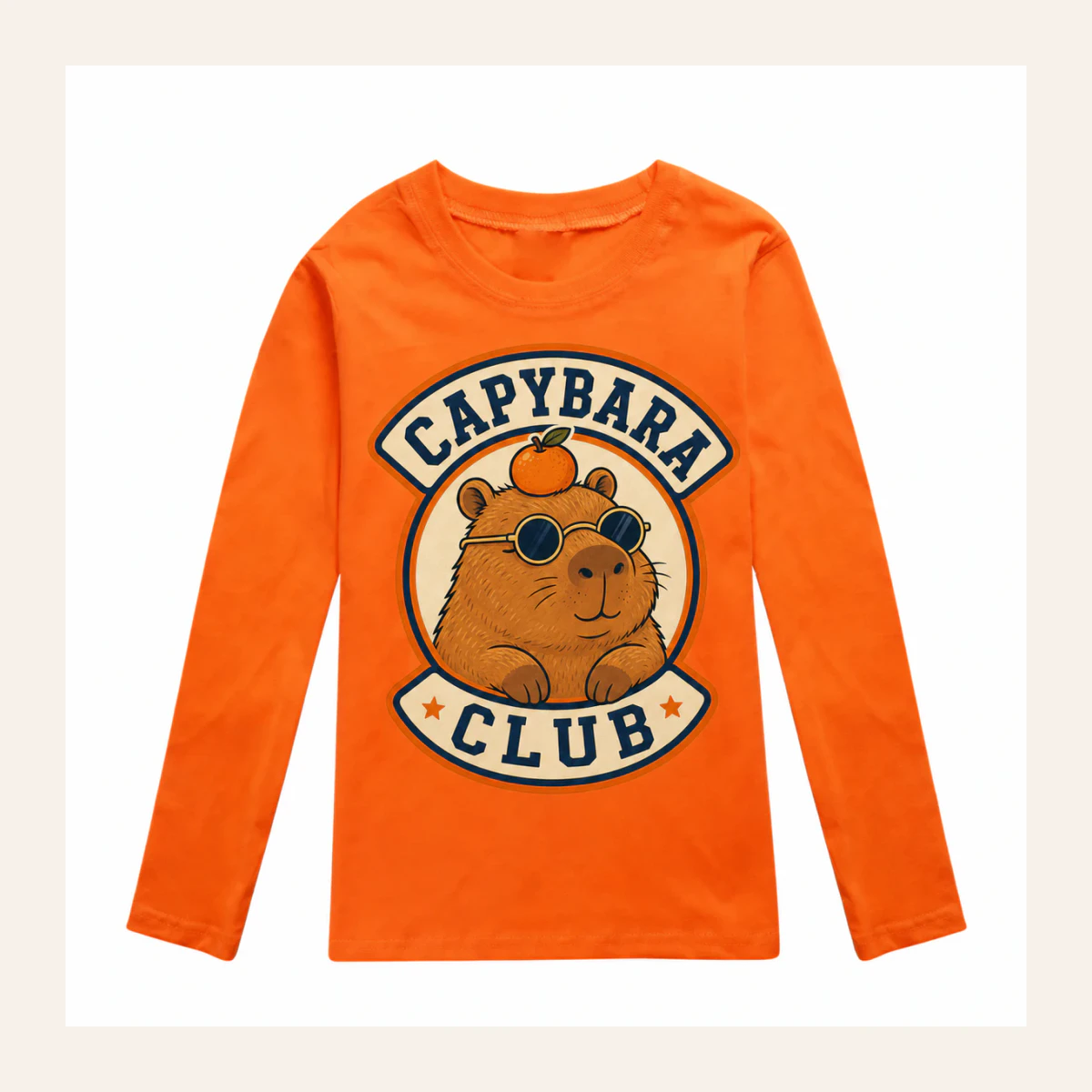 Capybara Club Custom Kids Long-Sleeve T-Shirt AI-rendered from the exact blank product, shown in an alternate clean ecommerce presentation