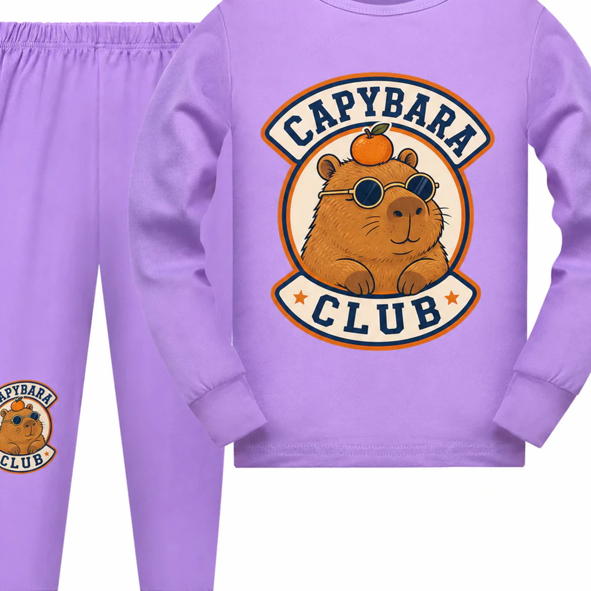 Capybara Club Custom Kids Long-Sleeve Top and Pants Set AI-rendered from the exact blank product, showing integrated print and fabric detail