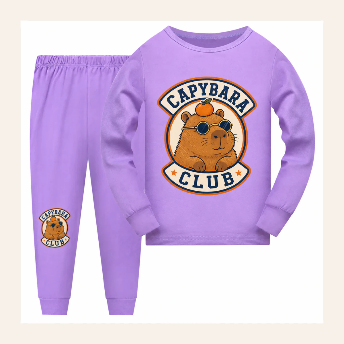 Capybara Club Custom Kids Long-Sleeve Top and Pants Set AI-rendered from the exact blank product, shown in an alternate clean ecommerce presentation
