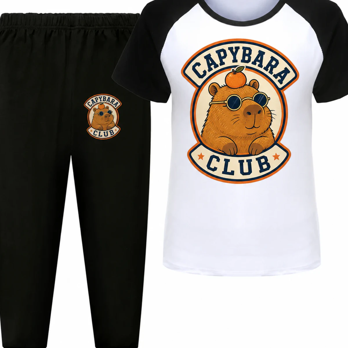 Capybara Club Custom Kids Short-Sleeve Top and Long Pants Sports Set AI-rendered from the exact blank product, showing integrated print and fabric detail