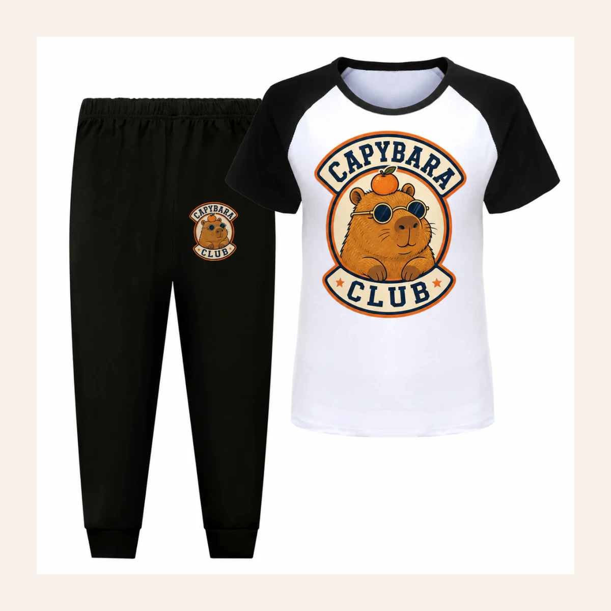 Capybara Club Custom Kids Short-Sleeve Top and Long Pants Sports Set AI-rendered from the exact blank product, shown in an alternate clean ecommerce presentation