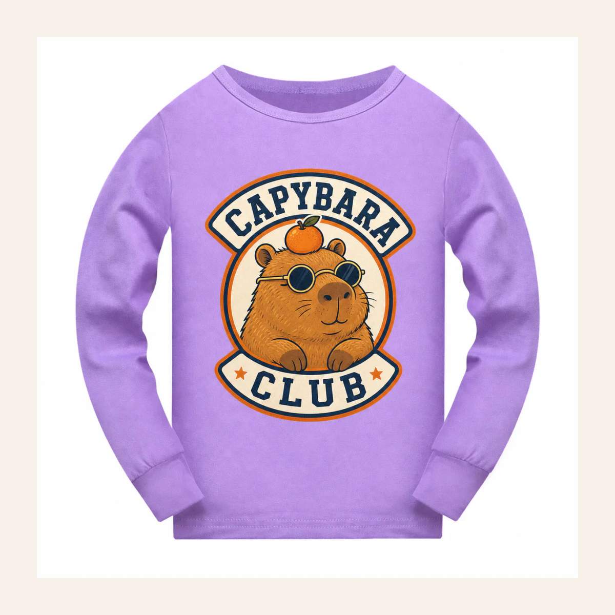 Capybara Club Custom Kids Long-Sleeve Pajama Top AI-rendered from the exact blank product, shown in an alternate clean ecommerce presentation