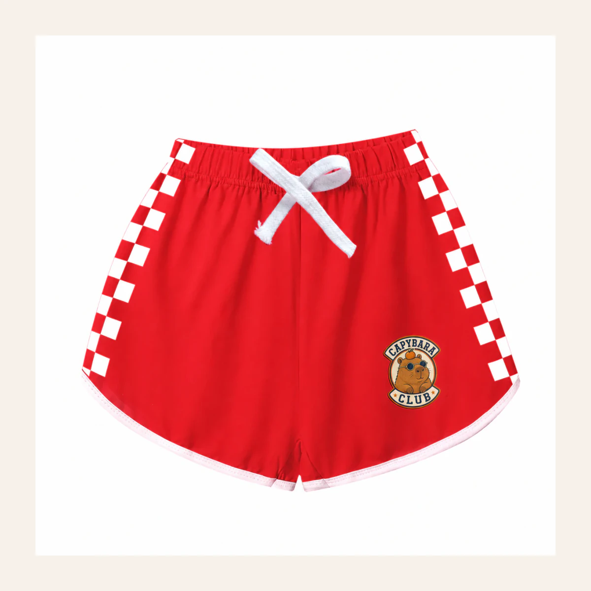 Capybara Club Custom Kids Checker-Stripe Pajama Shorts AI-rendered from the exact blank product, shown in an alternate clean ecommerce presentation
