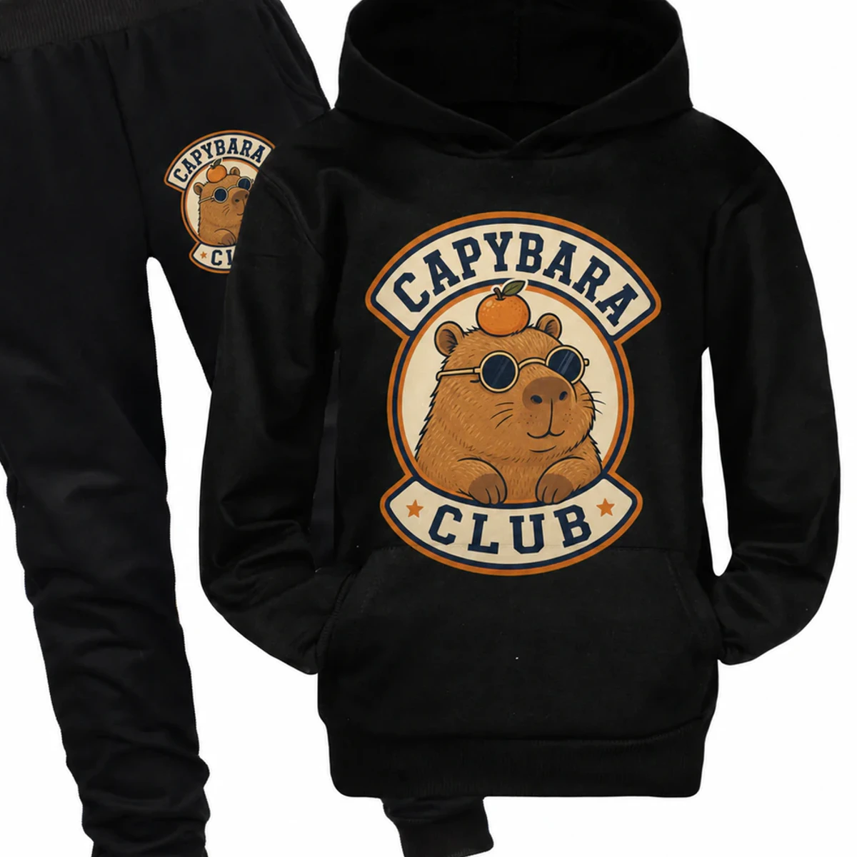 Capybara Club Custom Kids Pullover Hoodie and Jogger Set AI-rendered from the exact blank product, showing integrated print and fabric detail
