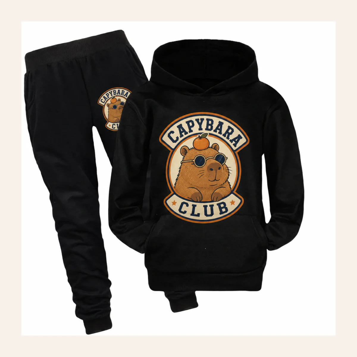 Capybara Club Custom Kids Pullover Hoodie and Jogger Set AI-rendered from the exact blank product, shown in an alternate clean ecommerce presentation