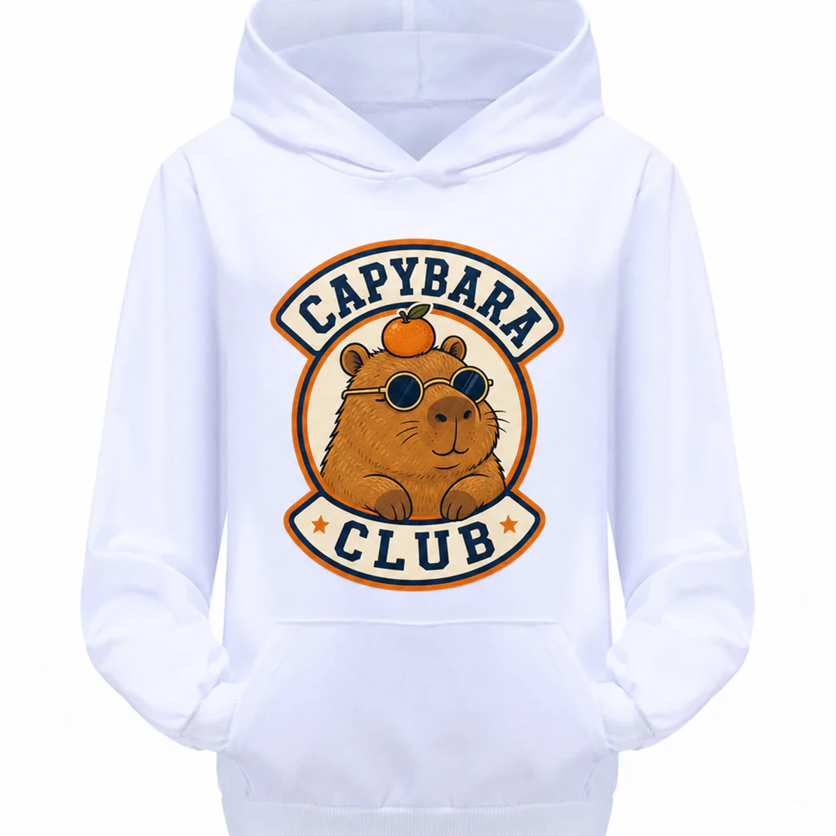 Capybara Club Custom Kids Pullover Hoodie AI-rendered from the exact blank product, showing integrated print and fabric detail