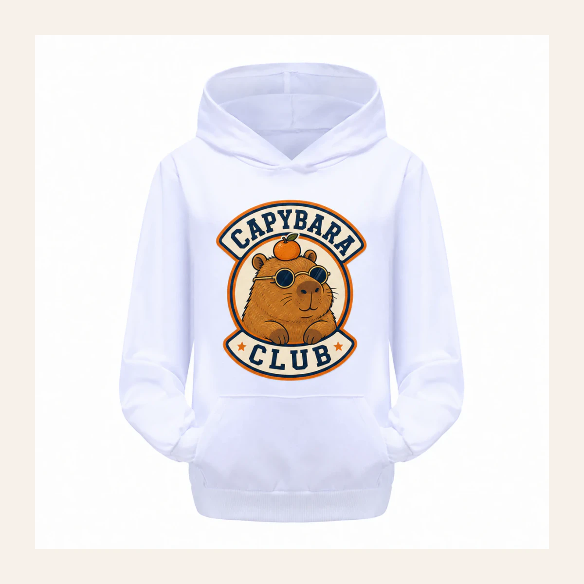 Capybara Club Custom Kids Pullover Hoodie AI-rendered from the exact blank product, shown in an alternate clean ecommerce presentation