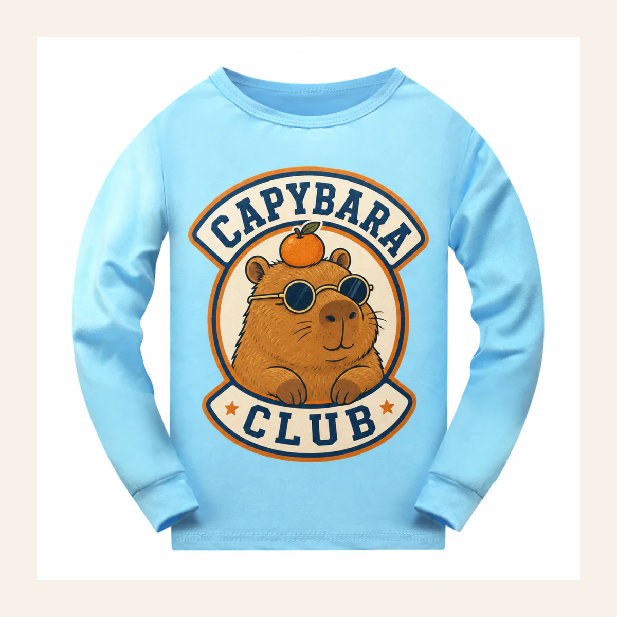 Capybara Club Custom Kids Soft Long-Sleeve Top AI-rendered from the exact blank product, shown in an alternate clean ecommerce presentation
