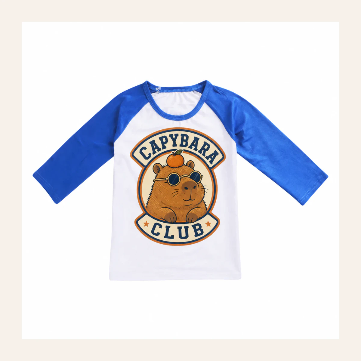 Capybara Club Custom Kids Soft Three-Quarter-Sleeve Top — Alternate Style AI-rendered from the exact blank product, shown in an alternate clean ecommerce presentation