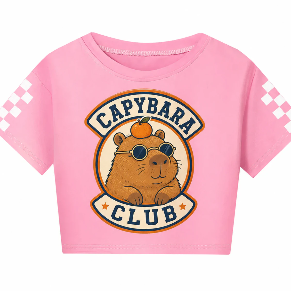 Capybara Club Custom Kids Checker-Sleeve Cropped Short-Sleeve Top AI-rendered from the exact blank product, showing integrated print and fabric detail