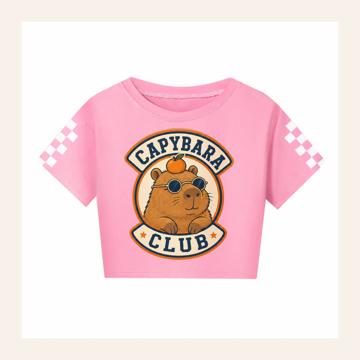 Capybara Club Custom Kids Checker-Sleeve Cropped Short-Sleeve Top AI-rendered from the exact blank product, shown in an alternate clean ecommerce presentation