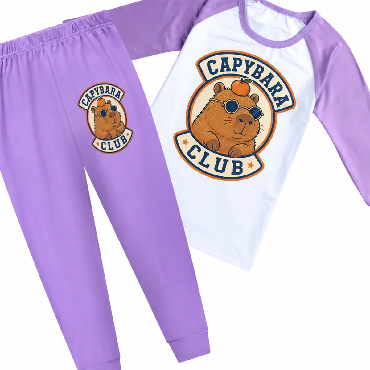 Capybara Club Custom Kids Three-Quarter-Sleeve Raglan Top & Pants Set AI-rendered from the exact blank product, showing integrated print and fabric detail