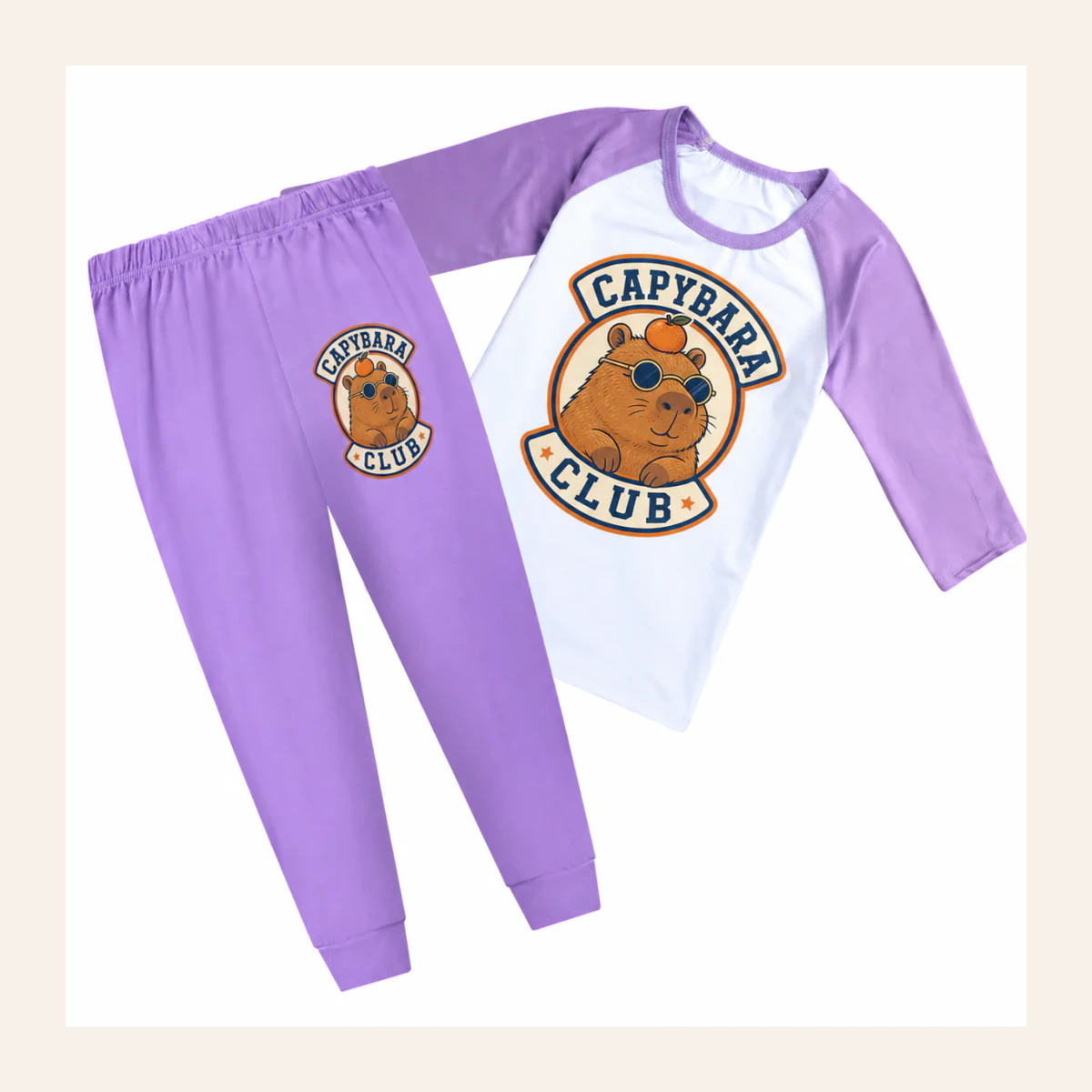 Capybara Club Custom Kids Three-Quarter-Sleeve Raglan Top & Pants Set AI-rendered from the exact blank product, shown in an alternate clean ecommerce presentation