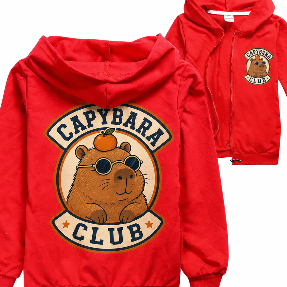 Capybara Club Custom Kids Zip-Up Cardigan Jacket AI-rendered from the exact blank product, showing integrated print and fabric detail