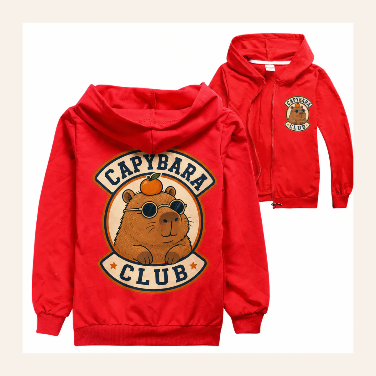 Capybara Club Custom Kids Zip-Up Cardigan Jacket AI-rendered from the exact blank product, shown in an alternate clean ecommerce presentation