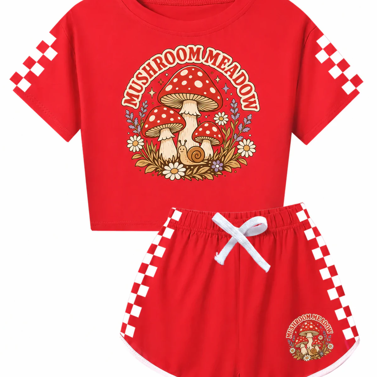 Mushroom Meadow Custom Family Checker Short-Sleeve Top and Shorts Set AI-rendered from the exact blank product, showing integrated print and fabric detail