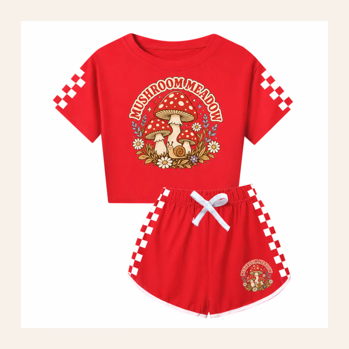 Mushroom Meadow Custom Family Checker Short-Sleeve Top and Shorts Set AI-rendered from the exact blank product, shown in an alternate clean ecommerce presentation