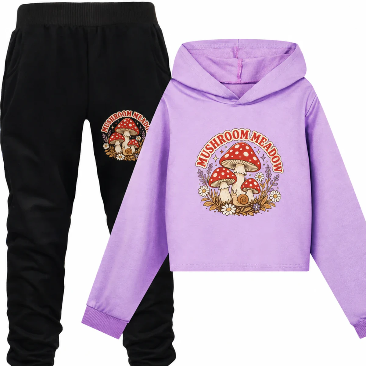 Mushroom Meadow Custom Girls Cropped Hoodie and Pants Set AI-rendered from the exact blank product, showing integrated print and fabric detail