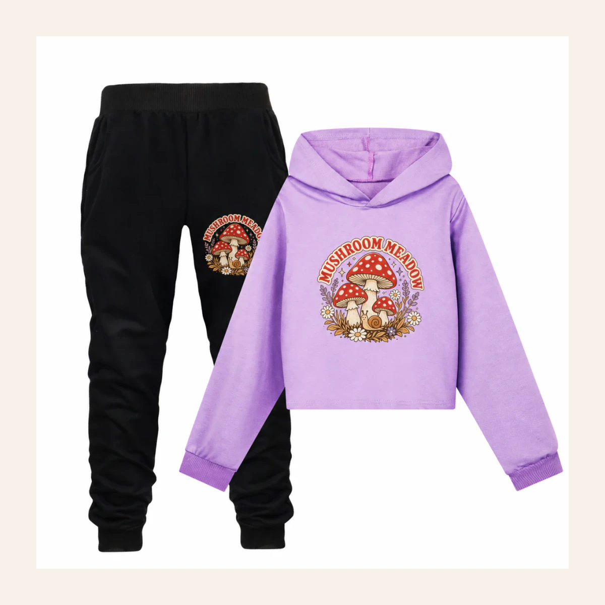 Mushroom Meadow Custom Girls Cropped Hoodie and Pants Set AI-rendered from the exact blank product, shown in an alternate clean ecommerce presentation