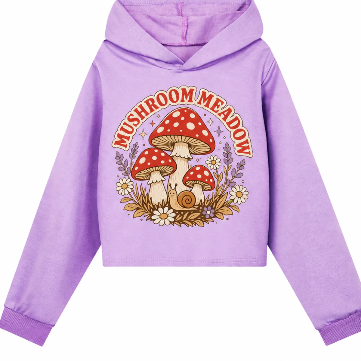 Mushroom Meadow Custom Girls Cropped Hoodie AI-rendered from the exact blank product, showing integrated print and fabric detail