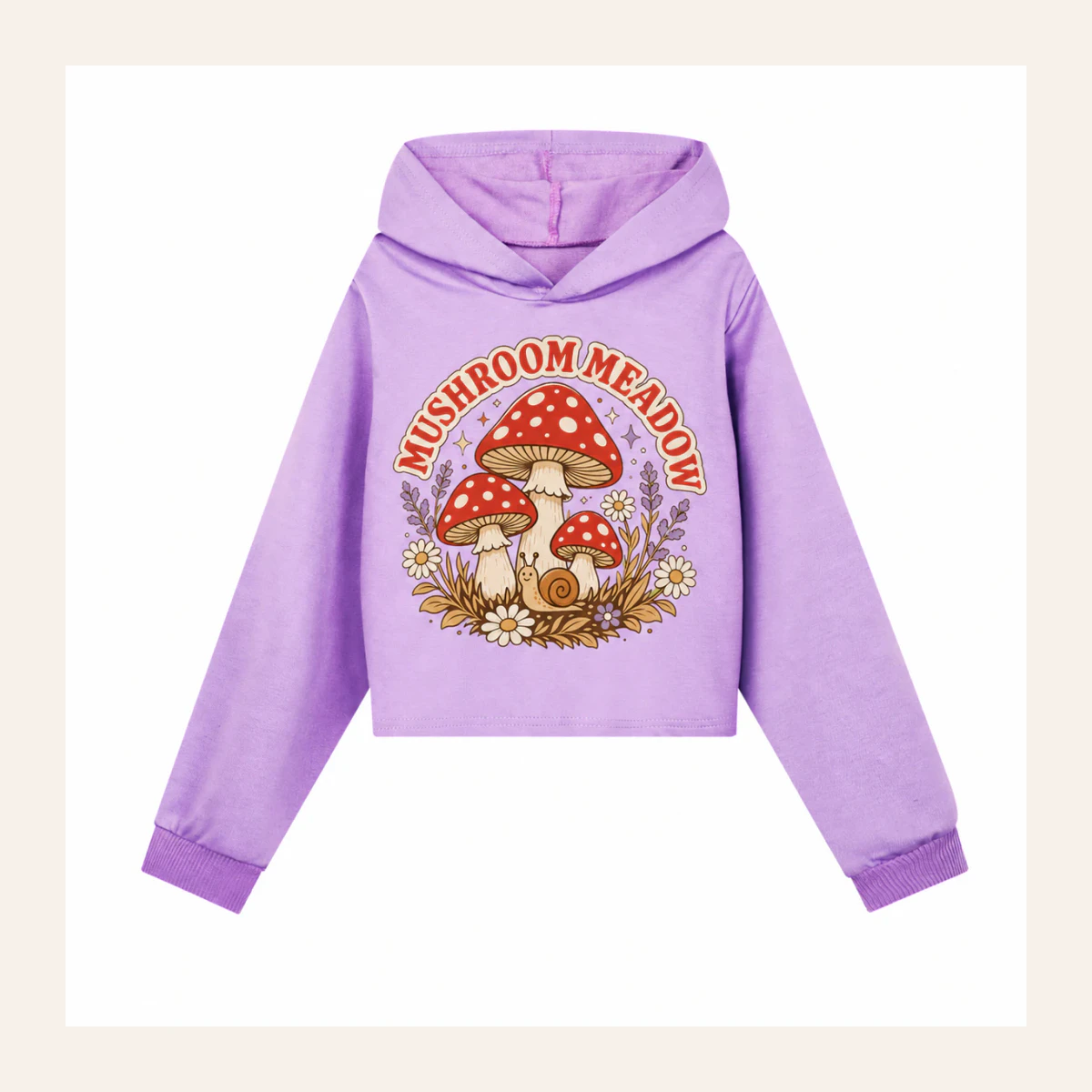 Mushroom Meadow Custom Girls Cropped Hoodie AI-rendered from the exact blank product, shown in an alternate clean ecommerce presentation