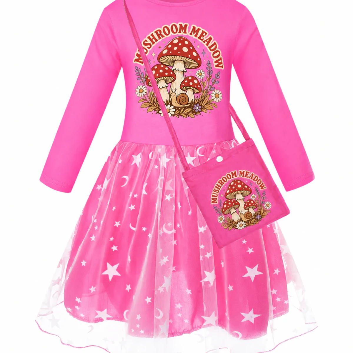 Mushroom Meadow Custom Girls Long Tulle and Star Skirt Styles with Bag AI-rendered from the exact blank product, showing integrated print and fabric detail