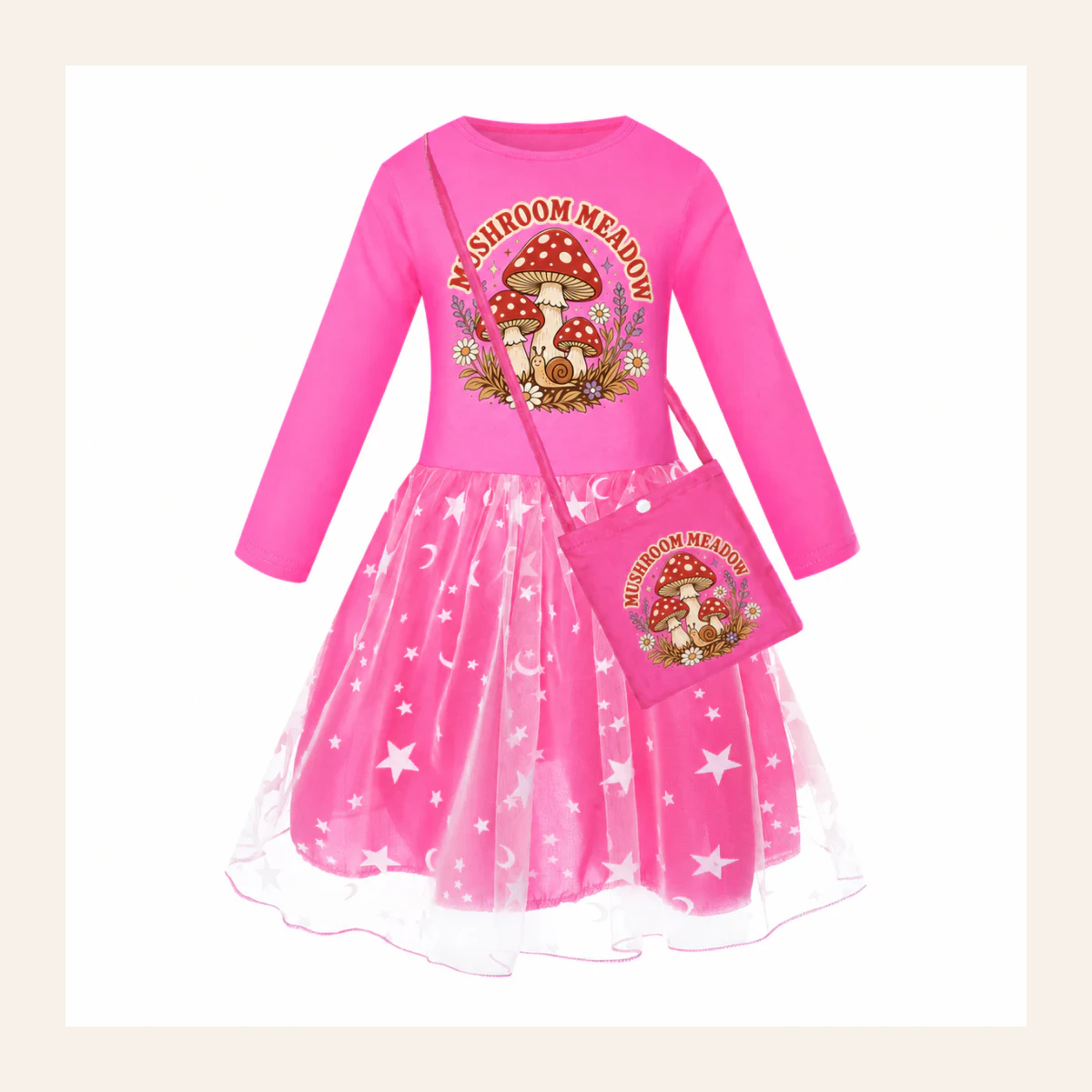 Mushroom Meadow Custom Girls Long Tulle and Star Skirt Styles with Bag AI-rendered from the exact blank product, shown in an alternate clean ecommerce presentation