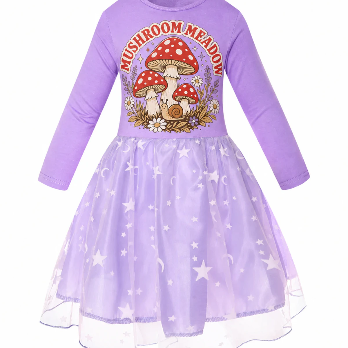 Mushroom Meadow Custom Girls Long Tulle and Star Skirt Styles AI-rendered from the exact blank product, showing integrated print and fabric detail