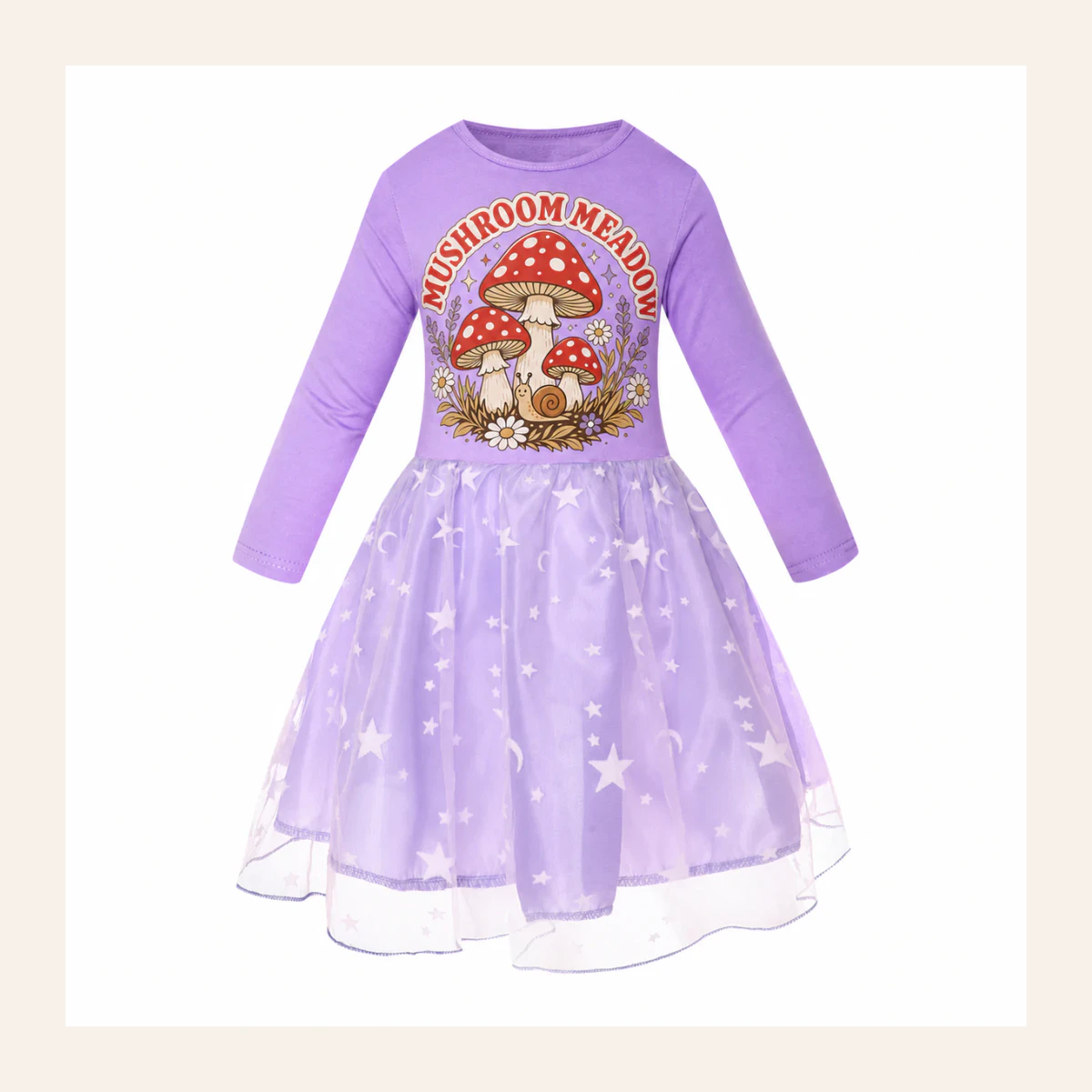 Mushroom Meadow Custom Girls Long Tulle and Star Skirt Styles AI-rendered from the exact blank product, shown in an alternate clean ecommerce presentation