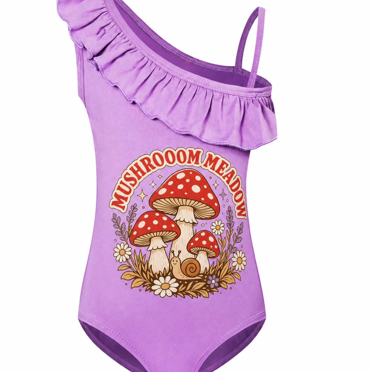 Mushroom Meadow Custom Girls Asymmetric-Ruffle One-Piece Swimsuit AI-rendered from the exact blank product, showing integrated print and fabric detail