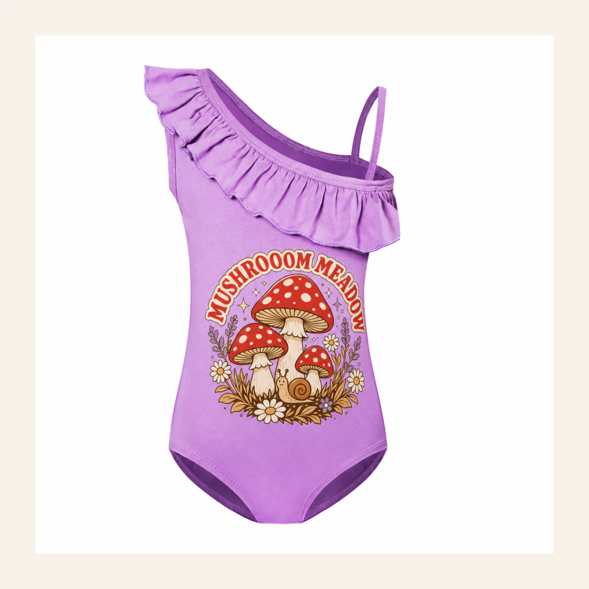 Mushroom Meadow Custom Girls Asymmetric-Ruffle One-Piece Swimsuit AI-rendered from the exact blank product, shown in an alternate clean ecommerce presentation