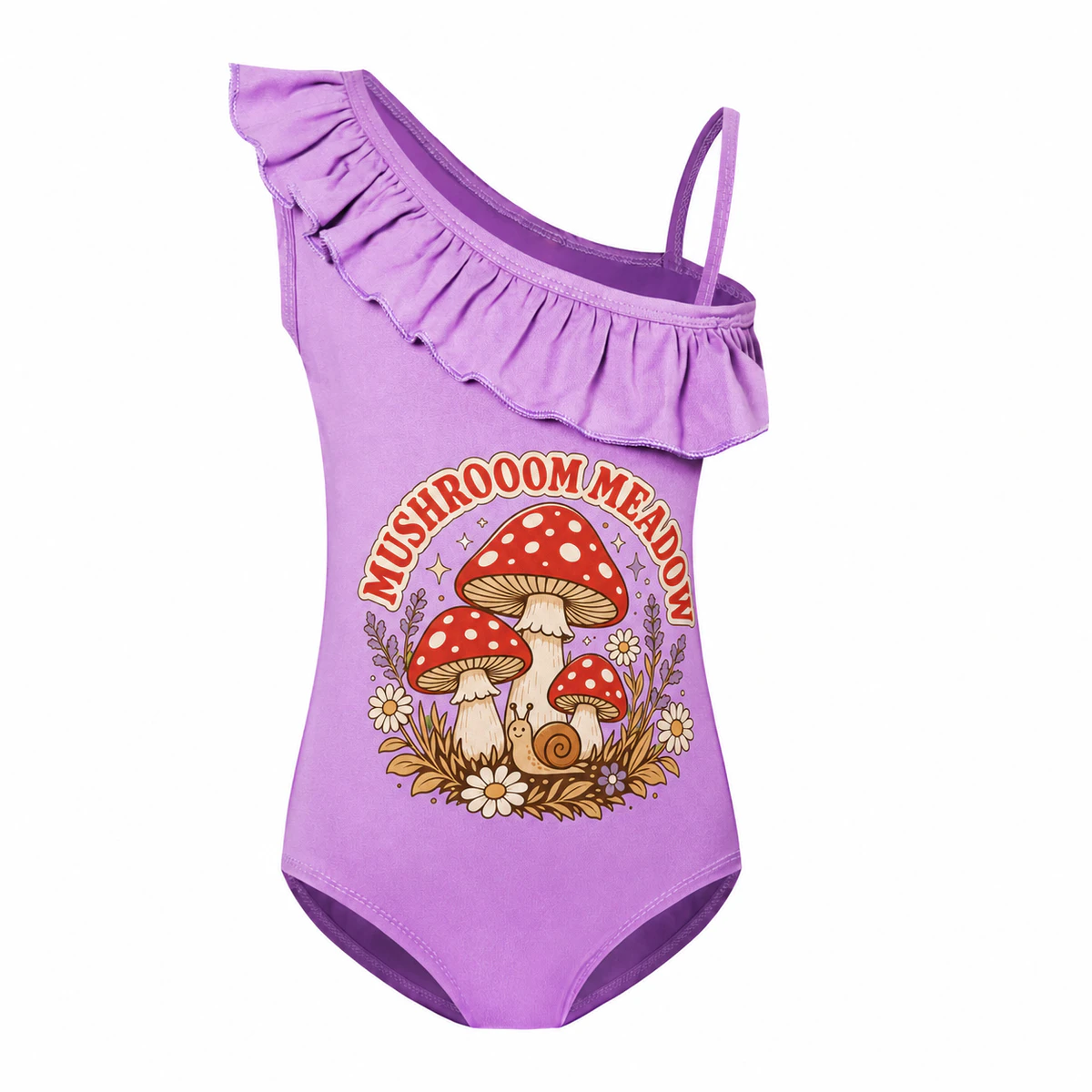 Mushroom Meadow Girls Asymmetric-Ruffle One-Piece Swimsuit for Kids product preview