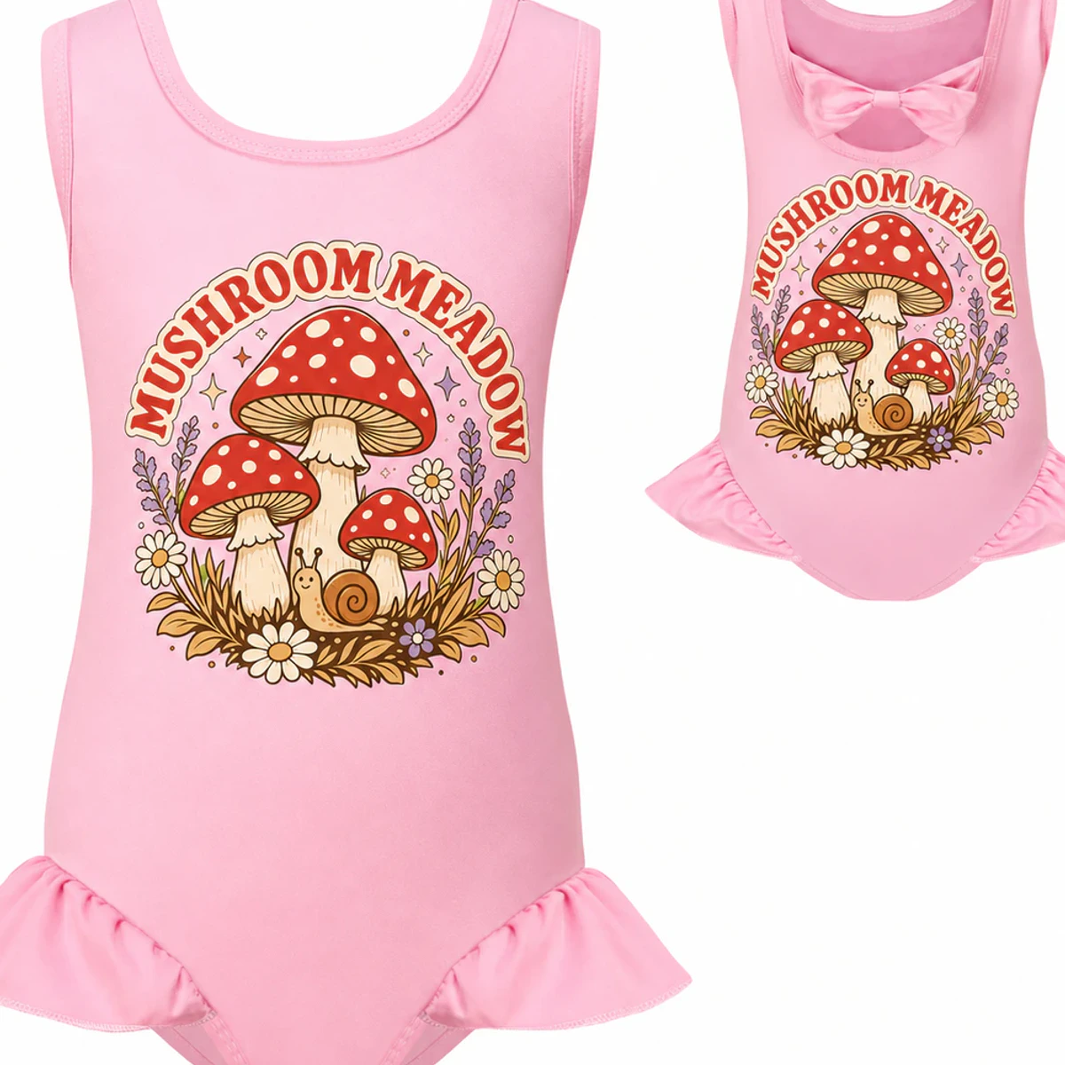 Mushroom Meadow Custom Girls Wide-Strap Bow-Back One-Piece Swimsuit AI-rendered from the exact blank product, showing integrated print and fabric detail