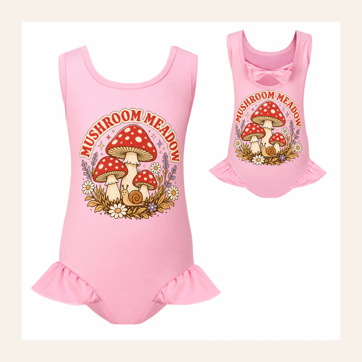 Mushroom Meadow Custom Girls Wide-Strap Bow-Back One-Piece Swimsuit AI-rendered from the exact blank product, shown in an alternate clean ecommerce presentation
