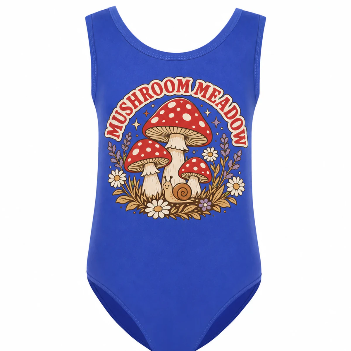 Mushroom Meadow Custom Girls Ruffle-Hem One-Piece Swimsuit AI-rendered from the exact blank product, showing integrated print and fabric detail