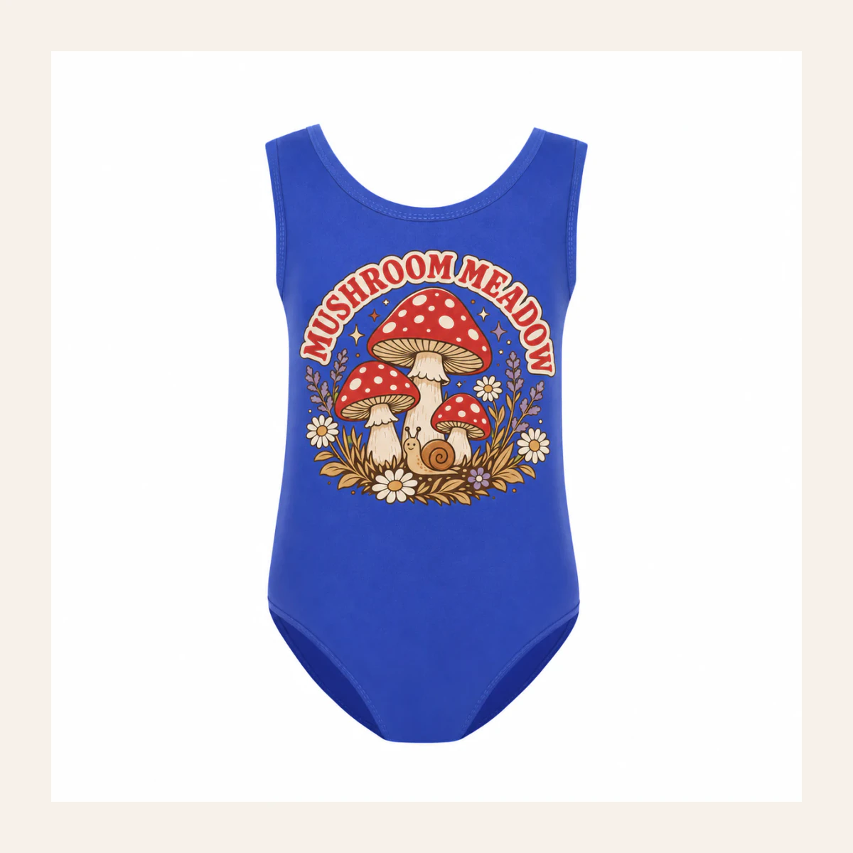 Mushroom Meadow Custom Girls Ruffle-Hem One-Piece Swimsuit AI-rendered from the exact blank product, shown in an alternate clean ecommerce presentation