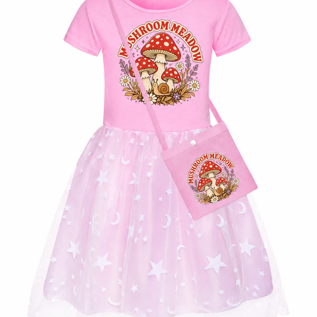Mushroom Meadow Custom Girls Short Skirt Styles with Bag AI-rendered from the exact blank product, showing integrated print and fabric detail